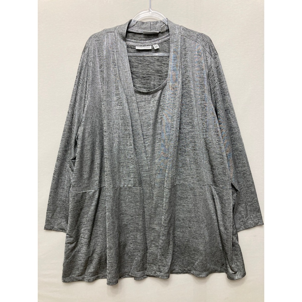 Susan Graver 2 Piece Set 3X Gray Metallic Cardigan Liquid Knit Stretch Comfy